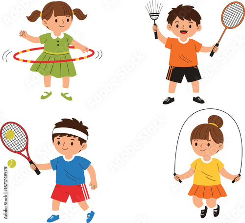 Children, sports, activities, cartoon, hula hoop, badminton, tennis, jump rope, fun, exercise, fitness, play, outdoors, active, movement, health, energy, coordination, childhood, illustration