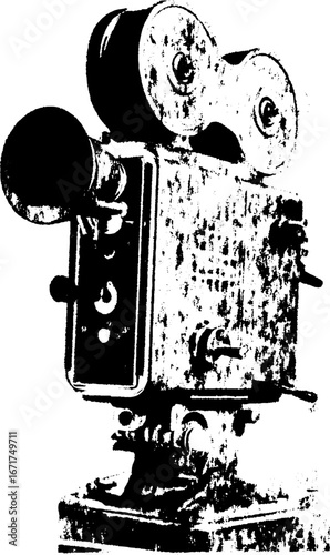 Vintage black and white cinema camera grunge design for posters and cards