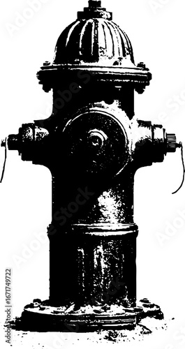 Grunge black and white illustration of vintage fire hydrant for urban design use