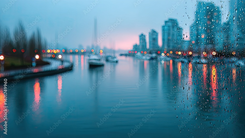Fototapeta premium Cityscape reflected in a rainy window.