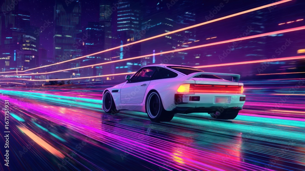 Fototapeta premium Retro futuristic city car at night