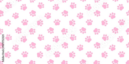 Seamless pattern of cute paw print on pastel pink. Dog and cat paw footprint.
