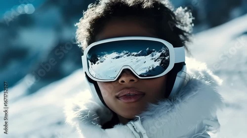 Wallpaper Mural African American woman in white professional ski outfit with goggles in snowy mountain landscape. Concept of winter sport, skiing, snowboarding and holiday. Torontodigital.ca