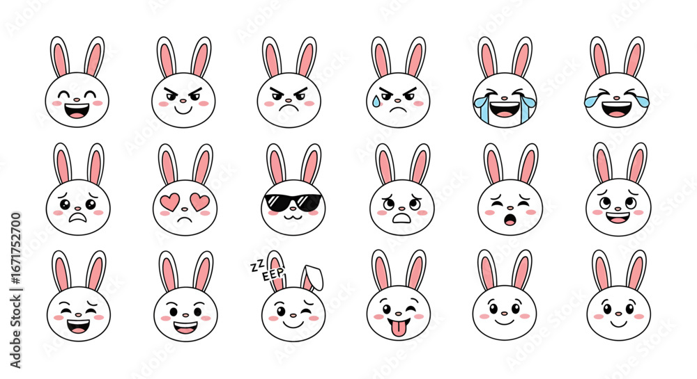 Obraz premium A delightful collection of cartoon rabbit faces showcasing a wide spectrum of emotions, from pure joy to thoughtful contemplation, perfect for conveying various moods in visual designs