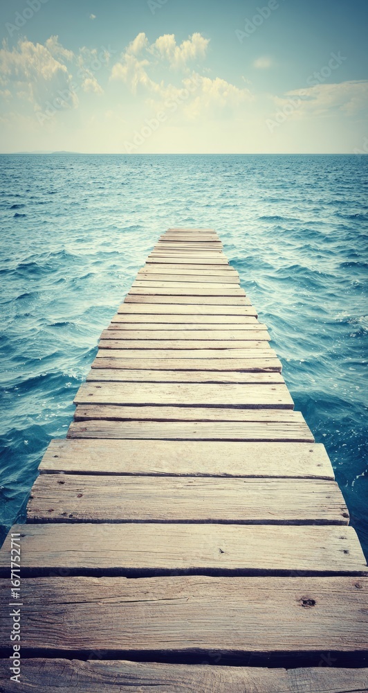 Obraz premium Wooden boardwalk extending into the ocean under a clear sky.