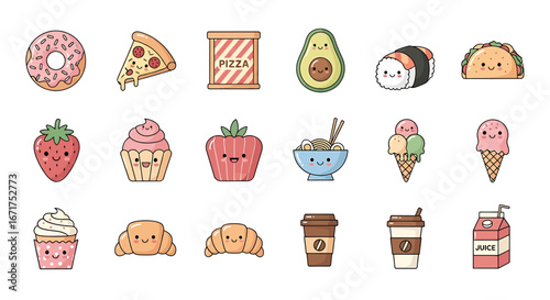 Adorable Food Collection A Delightful Assortment of Cute Desserts and Snacks in Cartoon Style