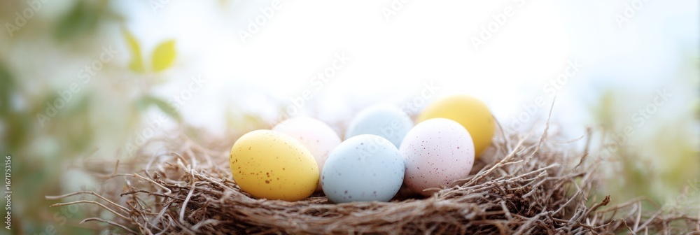 Obraz premium Speckled pastel eggs nestled in a woven nest, evoking whimsical thoughts of Ostara festivities and nature's hidden gems