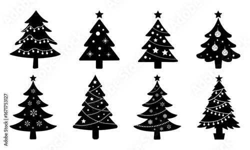 Black and White Christmas Tree Silhouette Vector Set with Festive Lights, Decoration, Ornaments, Garlands, Stars, Baubles, and Patterns