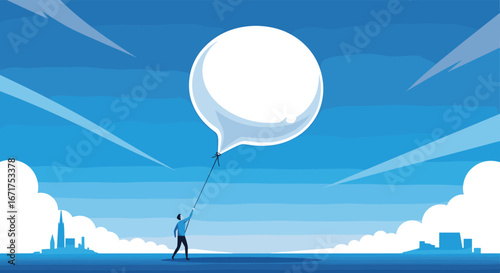 Man holding a speech bubble balloon, representing ideas, communication, and concepts in the sky