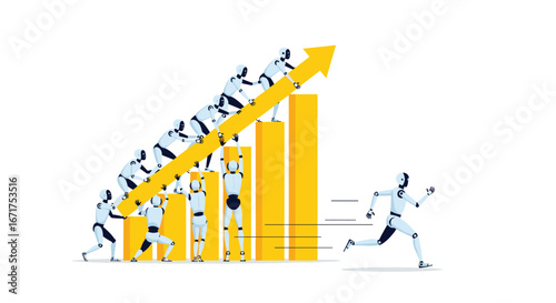Robots working together to achieve business growth and success with upward trending graph