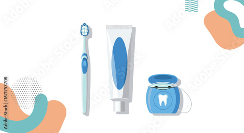 Essential oral hygiene tools for healthy teeth and gums, dental care concept, clean and fresh