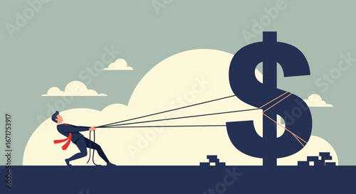 Businessman struggling to pull dollar sign, representing financial challenges and hard work