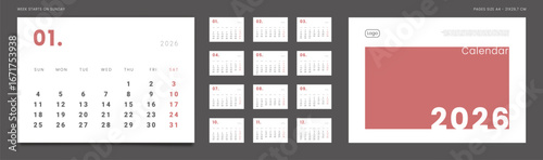 Set of 2026 Pages Monthly Calendar Planner Templates, Cover with Place for Photo, Company Logo. Vector pages for wall or desk calendar in minimal style. Page size A4 for Print. Week start on Sunday