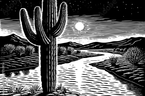 Saguaro cactus standing near flowing desert river, water reflecting moonlight with tranquil wilderness beauty, artistic black and white sketch