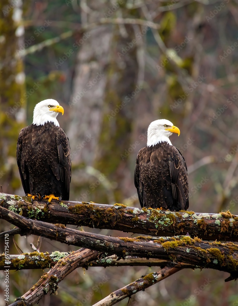 Obraz premium Two majestic bald eagles perched side-by-side on weathered branches, showcasing their striking white and brown plumage against a soft, out-of-focus forest backdrop.
