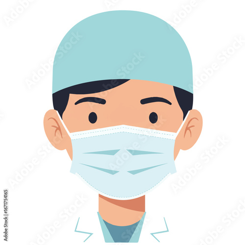 Doctor wearing a surgical mask looks directly at viewer in a clinical setting, conveying professionalism and healthcare awareness.
