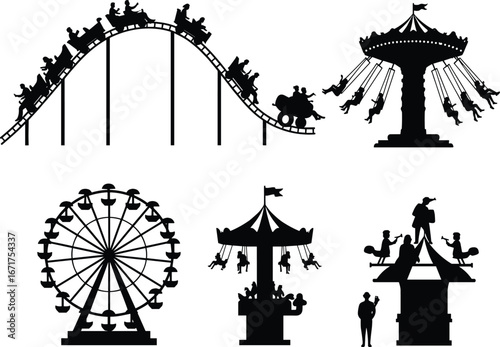 Amusement park silhouettes, roller coaster, ferris wheel, swing ride, carnival funfair, theme park attractions, outdoor entertainment, family fun, fairground vector illustration, rides design