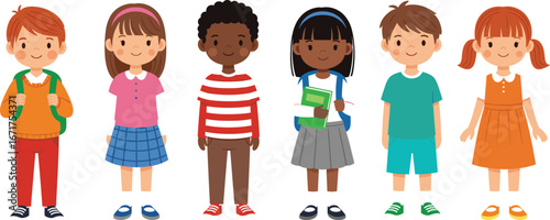 Diverse children, happy students, multicultural classroom, school kids, education concept, youth unity, colorful fashion, learning group, smiling faces, friendship theme