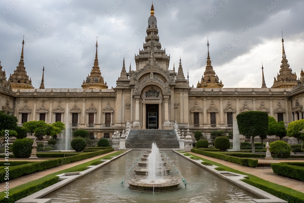 Fototapeta premium Majestic Architectural Grandeur: An imposing building, featuring an intricate design, water fountains and meticulous landscaping. under a cloudy sky. evoking a sense of history and cultural heritage.