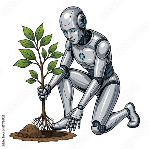 Humanoid robot planting a tree sapling. AI for environmental care. Technology and nature harmony vector.