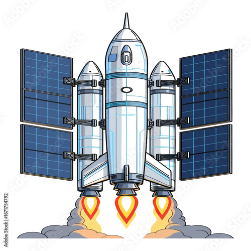 Futuristic space shuttle launch vector illustration. Spacecraft with solar panels and rocket boosters takeoff.
