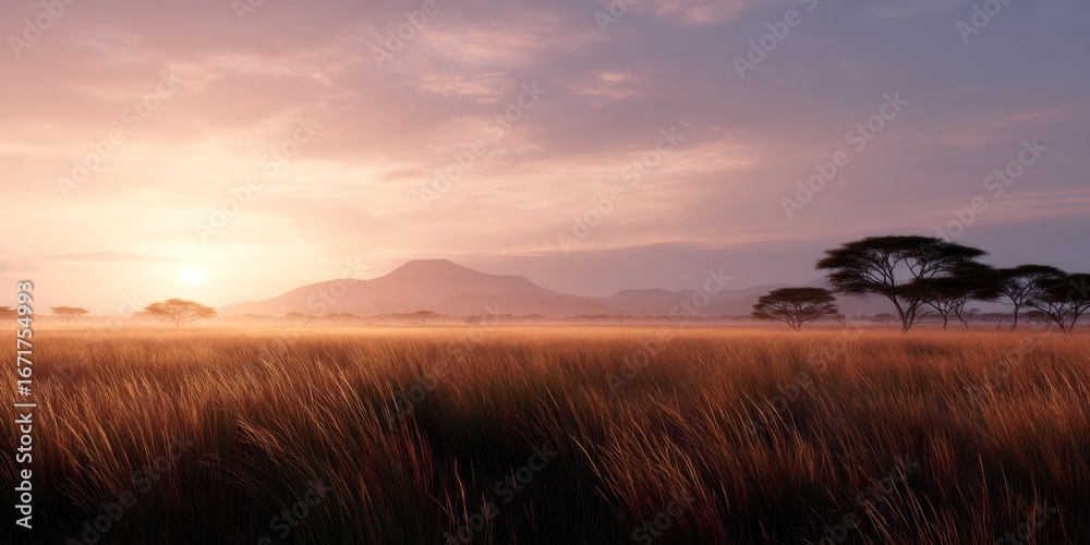 Fototapeta premium Breathtaking sunrise over golden savanna. Rolling hills and scattered trees create a serene landscape. Perfect for nature lovers and landscape enthusiasts. Explore the beauty of wilderness. AI