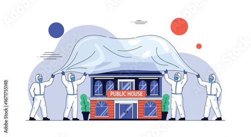 Protective team covering a public house, symbolizing safety and prevention, modern illustration