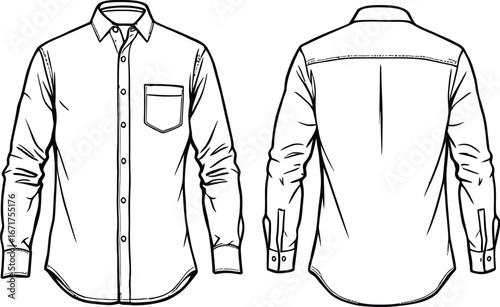 Technical front and back views of long-sleeve button-up shirt for fashion design, garment construction, and pattern drafting