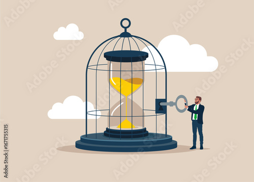 Businessman stand with hourglass under bird cage strong protection. Protect money from inflation, insurance. Flat vector illustration