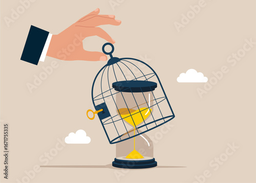 Big hand catching hourglass or releases the hourglass to freedom. Modern vector illustration in flat style