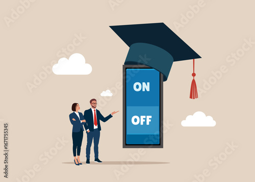 Switches with graduation cap. Turn on and off using light switches. Modern flat vector illustration.