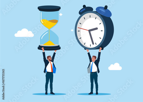 Two businessmen holding hourglass with alarm clock. Flat vector illustration