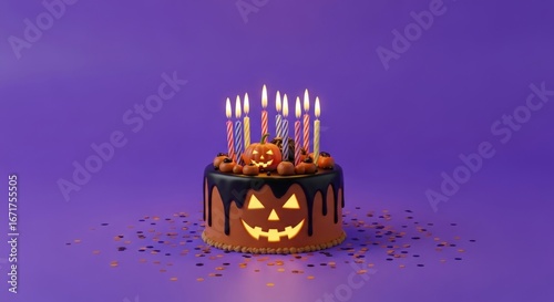 Festive Halloween birthday cake with candles and confetti on purple background