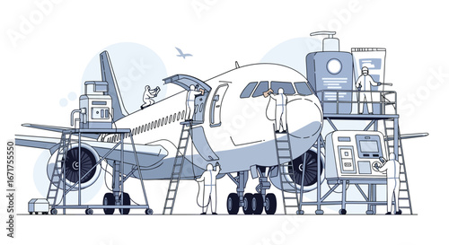Airline maintenance crew performing aircraft inspection and cleaning, ensuring safe flight operations