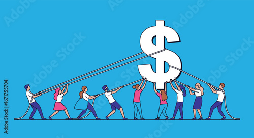 Teamwork pulling a giant dollar sign together for financial success and growth