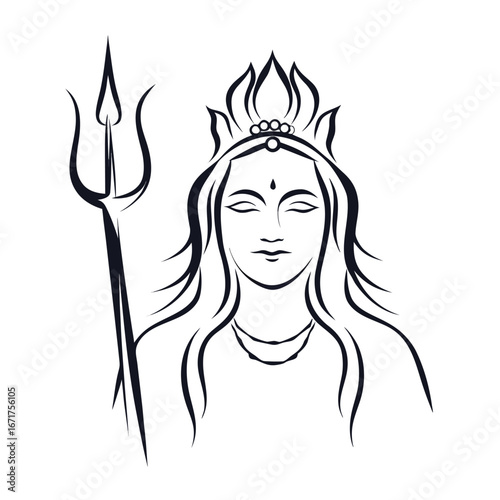Lord Shiva Illustration Depicting the Hindu Deity with Trident and Symbolic Lotus Crown in a Minimalist Style