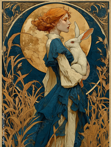 Fantasy girl with rabbit under full moon, art nouveau vintage style 

