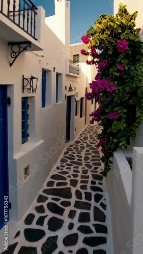 Santorini street with traditional architecture. white houses with blue doors
