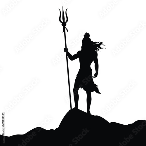Silhouette of Shiva Standing on a Mountain Holding a Trident A Striking Religious Image with Powerful Symbolism and Spiritual Significance