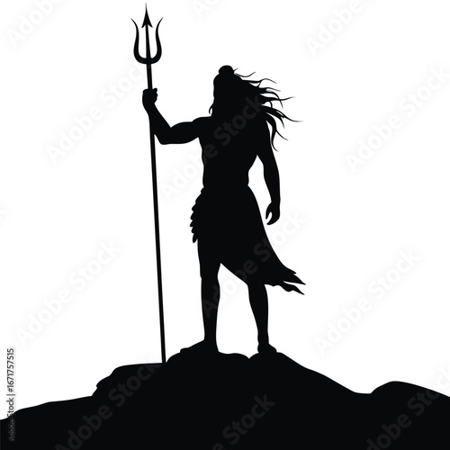 Silhouette of a Majestic Figure with a Trident Standing atop a Summit Conveying Strength and Spiritual Power