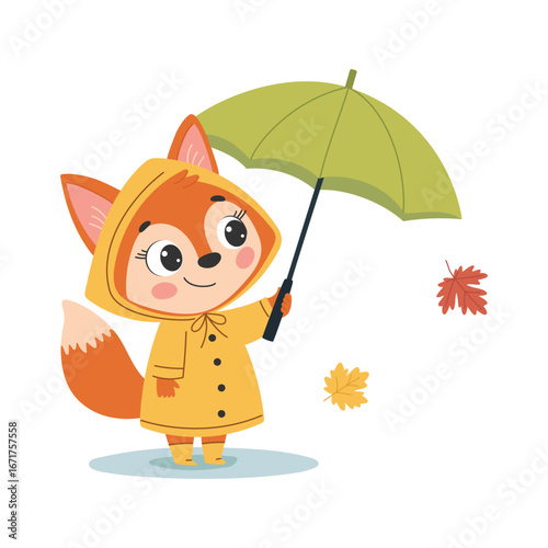 Cute little fox in raincoat with umbrella. Vector illustration in cartoon style.