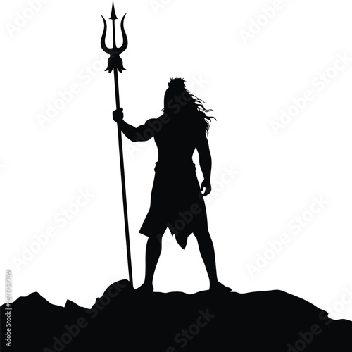 Silhouette of a Powerful Deity Standing Tall, Holding a Trident on a Hilltop Against a Stark White Background Depicting Divinity