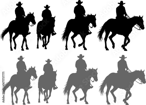 Cowboys ride horses. Picture silhouette. Riders on horseback. Isolated on white background. Vector

