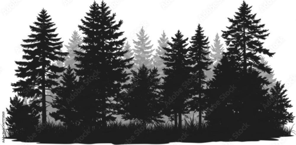 Fototapeta premium Overgrown patch. Coniferous forest with firs and pines. Landscape with trees and grass. Silhouette picture. Isolated on white background. Vector. 