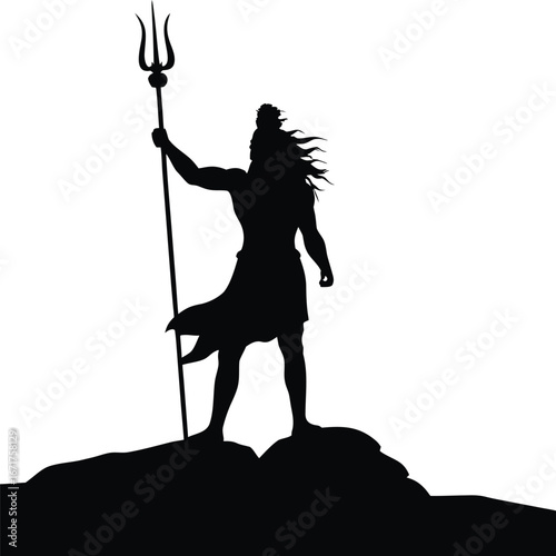 Silhouette of Lord Shiva Standing on a Mountain Holding Trishul Majestic Hindu God Depicted with Strength and Serenity