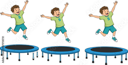 Happy boy jumping on trampoline, energetic child playtime, outdoor fun activity, kids exercise, joyful movement, healthy lifestyle, active child, cheerful bounce