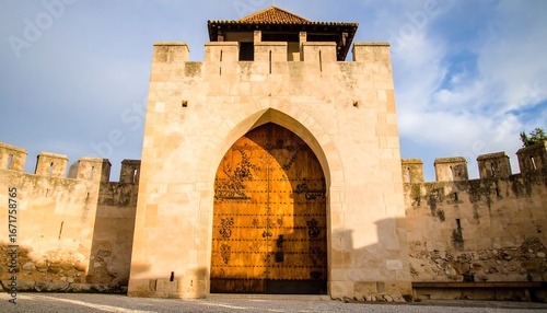 A substantial stone archway and aged wooden door of a fortified city gate, bathed in golden sunlight.