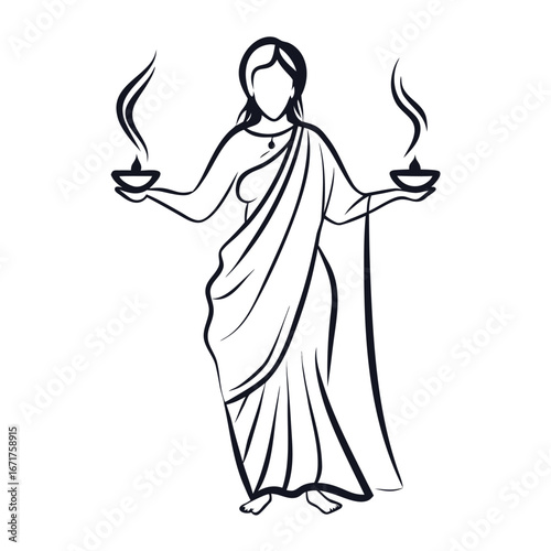 A graceful depiction of a woman in traditional Indian attire holding lamps with delicate smoke trails in her hands