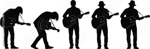guitar, player, silhouette, vector, illustration, music, acoustic, black, white, graphic, pose, standing, hats, strumming, bending, performance, musician, style, 