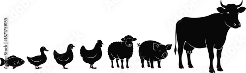 Farm animals silhouette illustration, cow, pig, sheep, chicken, duck, fish vector, livestock farming design, poultry agriculture, domestic animal icons
